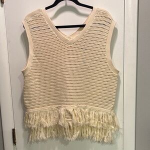 Cream Knit Sleeveless Top with Fringe